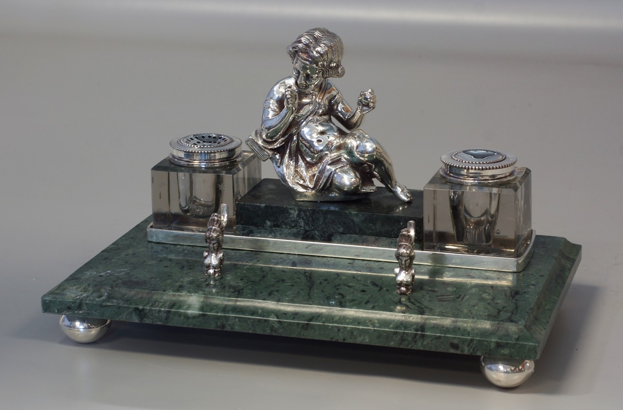 Appraisal: Plated silver and green marble desk stand with inkwells with