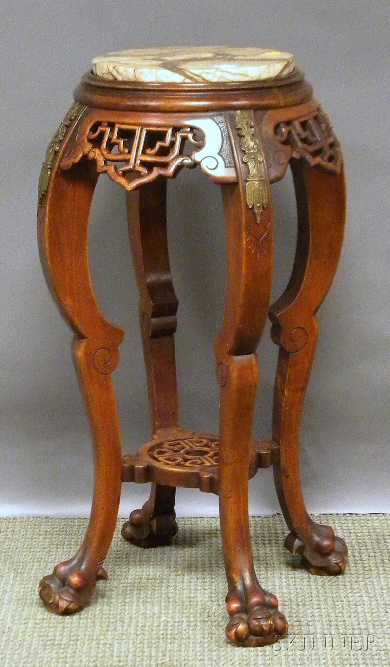 Appraisal: Asian Marble-top Brass-mounted Carved Hardwood Stand