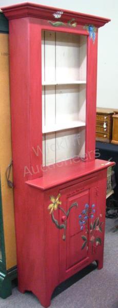 Appraisal: A painted vintage stepback cupboard with open top shelves and