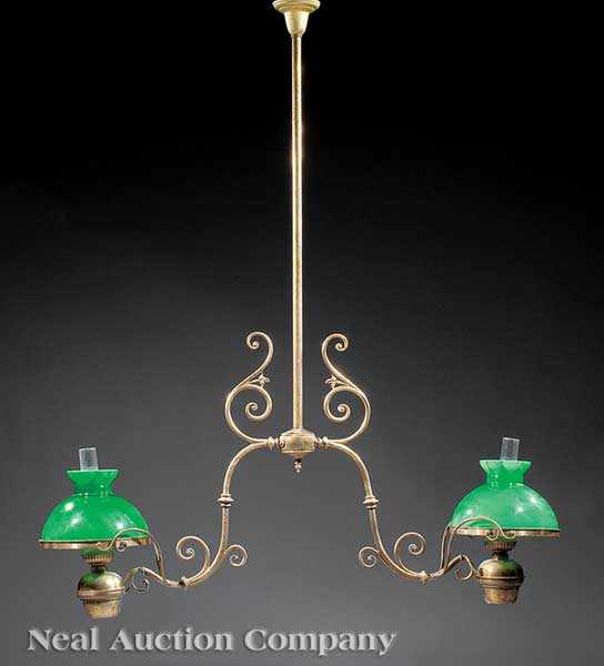 Appraisal: An Antique American Brass Two-Light Billiard Chandelier c each scrolled