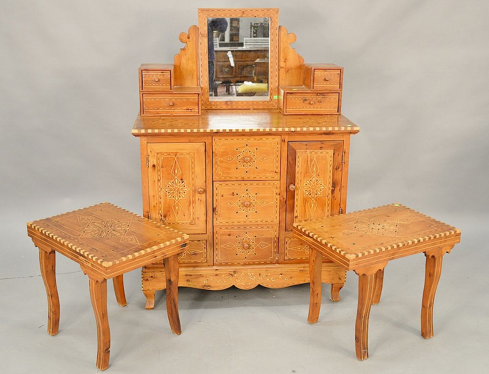 Appraisal: Three piece lot to include inlaid chest with mirror ht