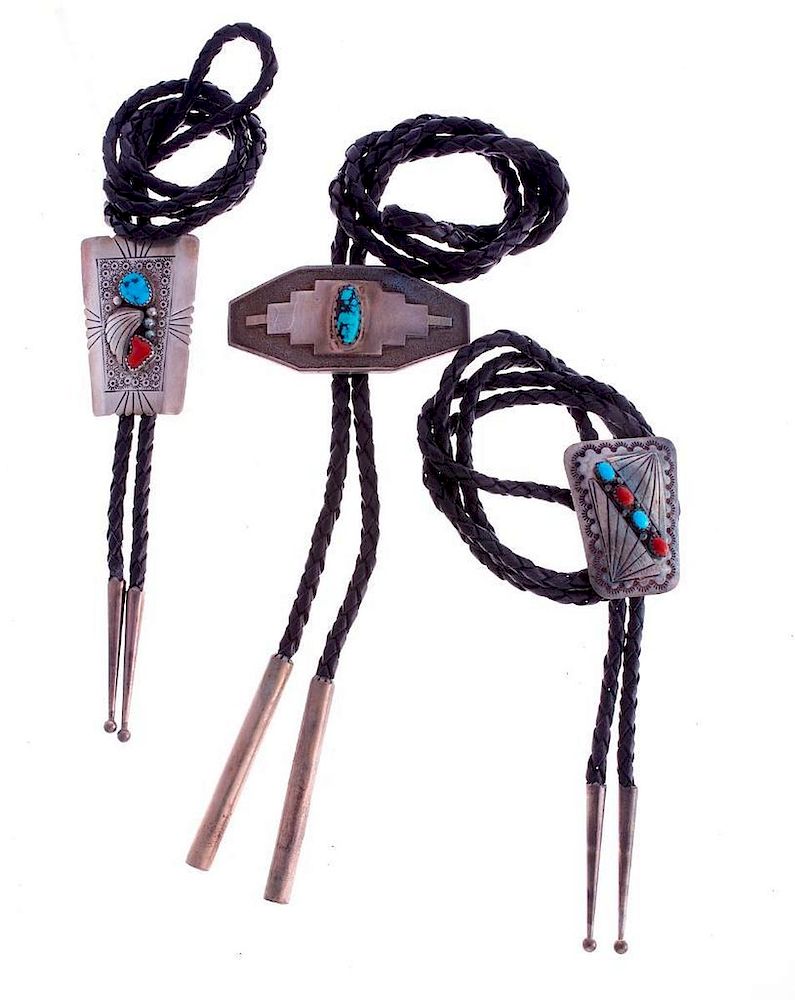 Appraisal: NAVAJO BOLOS Three Vintage Navajo bolo ties turquoise coral and