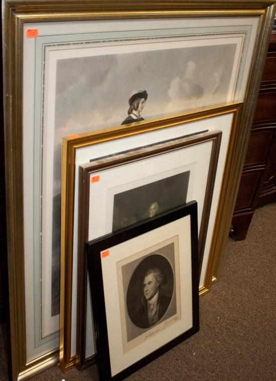 Appraisal: Four framed prints subjects include Thomas Jefferson George Washington equestrian