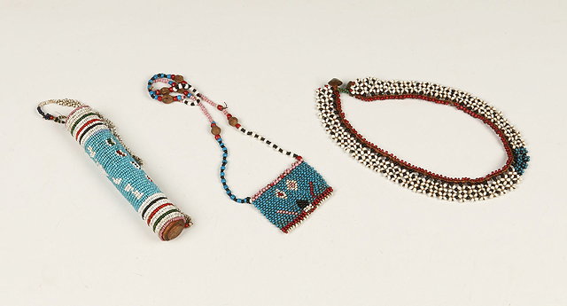 Appraisal: THREE PIECES OF ZULU POLYCHROME BEADWORK TO INCLUDE a snuff