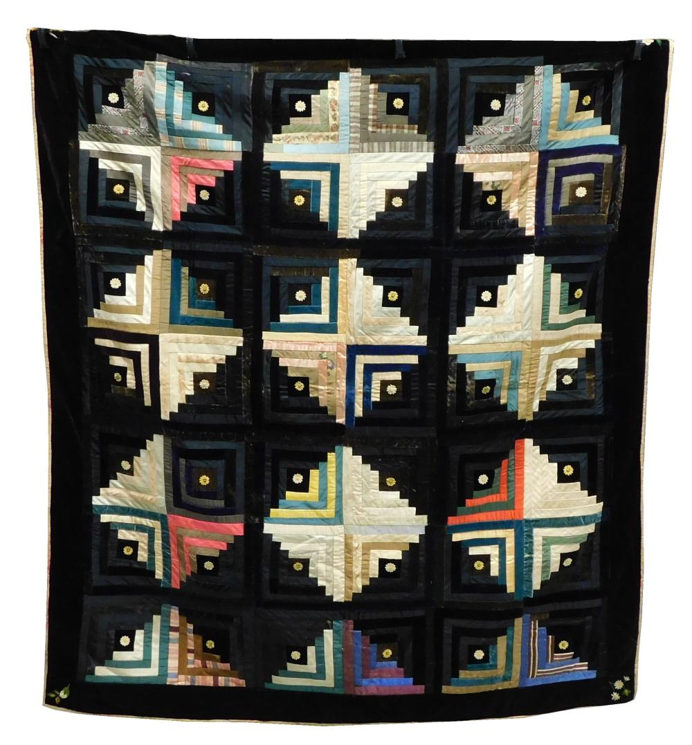 Appraisal: TEXTILE 's Silk and velvet daisy log cabin quilt embroidered