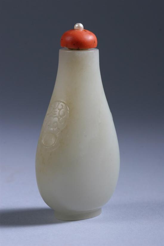 Appraisal: CHINESE LIGHT CELADON JADE SNUFF BOTTLE Qing Dynasty Of flattened