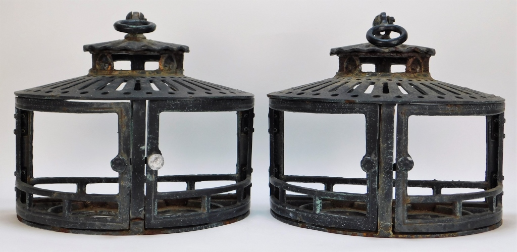 Appraisal: PR JAPANESE WROUGHT IRON HANGING LANTERNS Japan th CenturyPierced roof