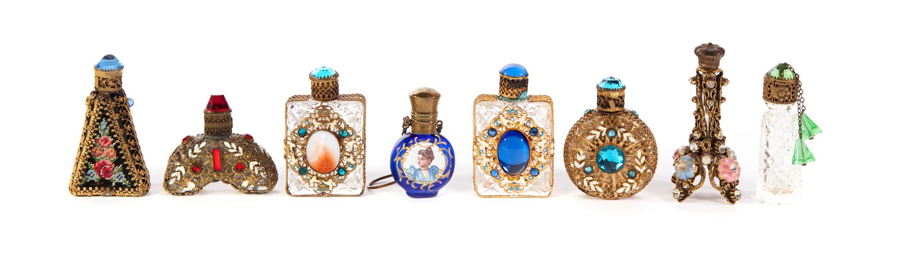 Appraisal: EIGHT MINIATURE CZECH PERFUME BOTTLES AND PHOENIX VASE Czechoslovakia mid