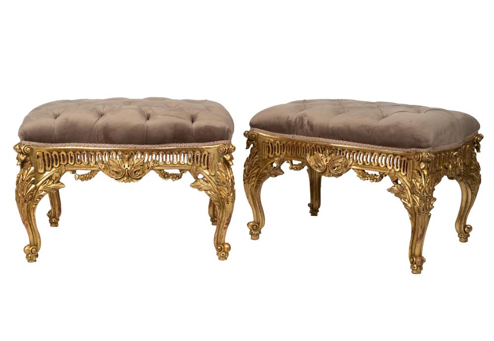 Appraisal: PAIR OF CARVED GILTWOOD STOOLSeach with tufted light brown velvet-covered