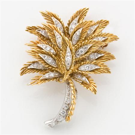 Appraisal: Two-Color Gold and Diamond Leaf Brooch Estimate -