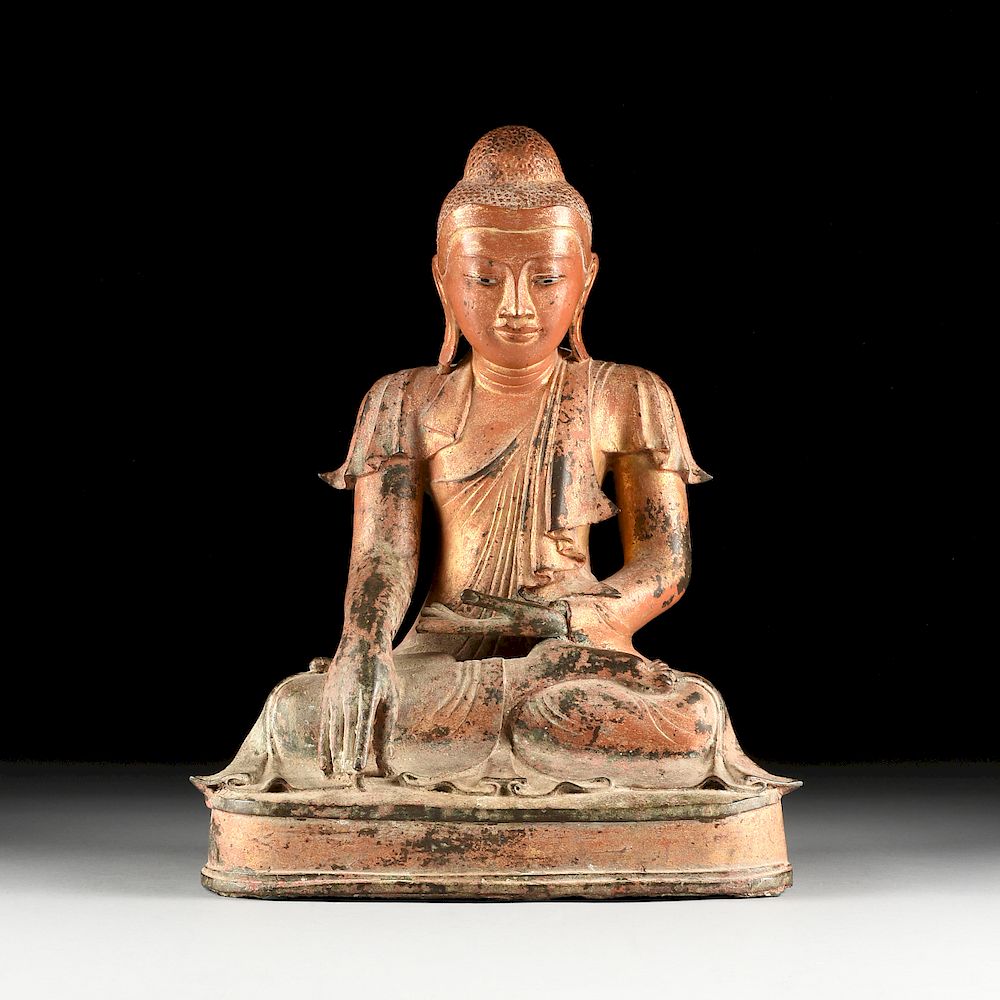 Appraisal: A MANDALAY PERIOD - PARCEL GILT ORANGE LACQUERED BRONZE BUDDHA