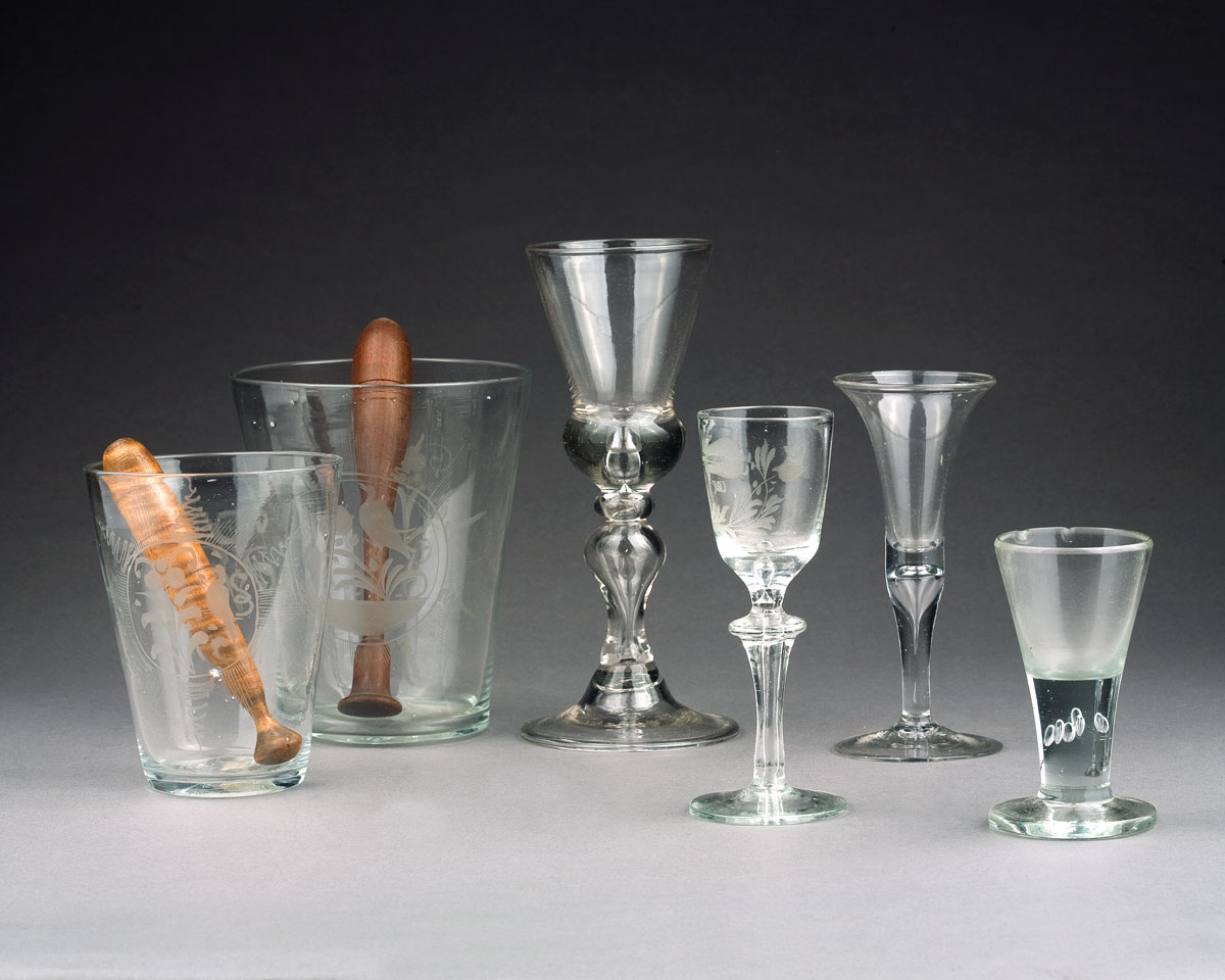 Appraisal: SIX BLOWN FLIP GLASSES AND TWO WOODEN MUDDLERS Two glasses