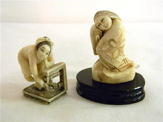 Appraisal: Japanese th C ivory netsuke depicting a resting standing geisha