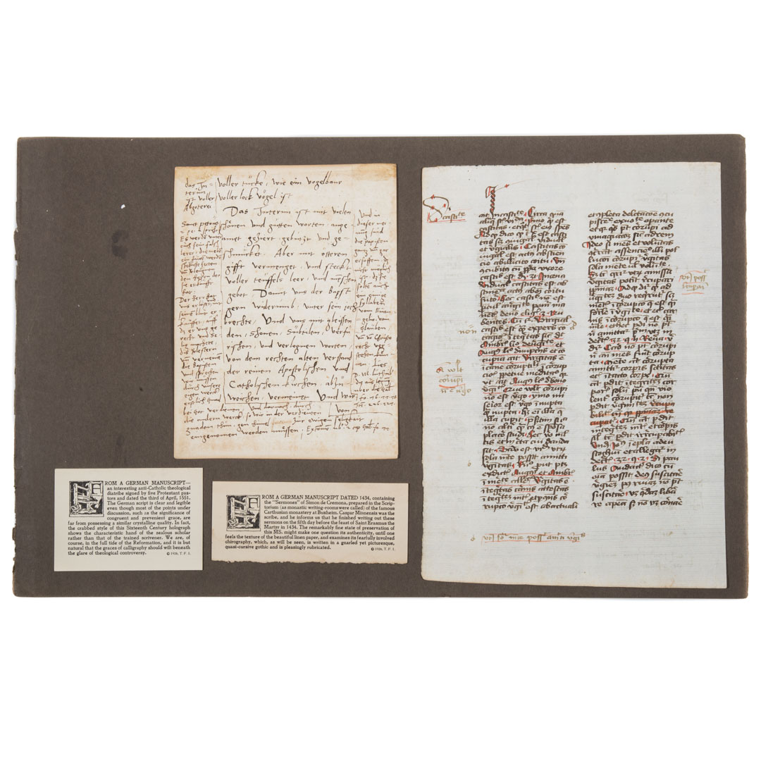 Appraisal: Two German Manuscript pages from Simon de Cremona Sermones with