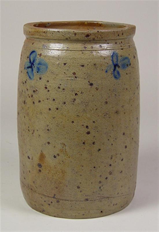 Appraisal: Cobalt Decorated Stoneware Crock Cobalt freehand decoration on brown speckled