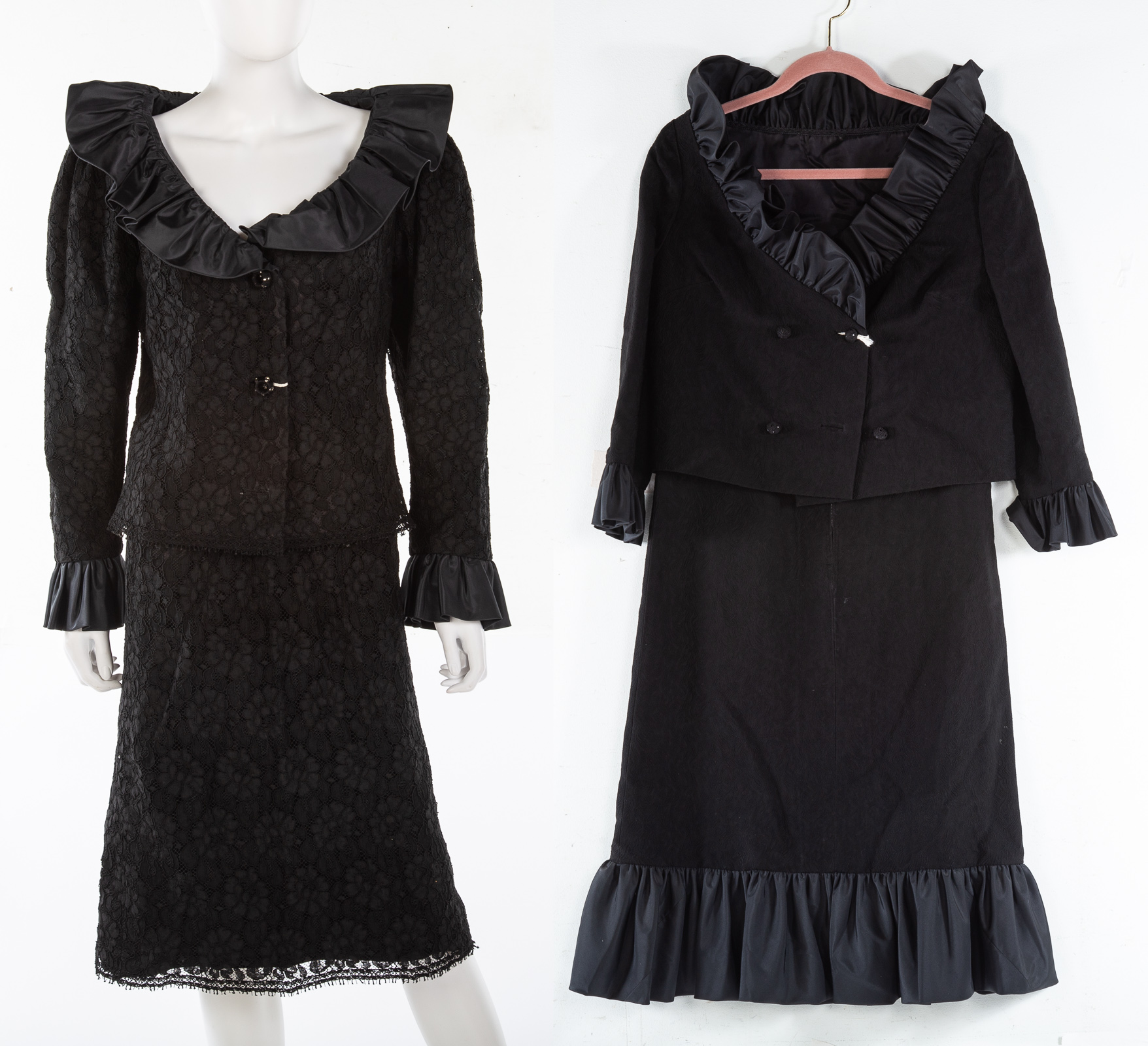 Appraisal: TWO BLACK VINTAGE SUITS Lace jacket with matching skirt shoulders