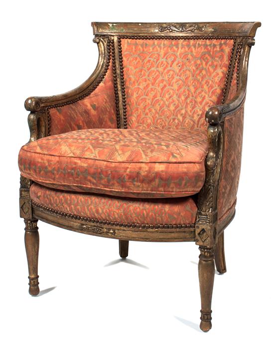 Appraisal: Sale Lot An Italian Neoclassical Giltwood Armchair with Fortuny upholstery