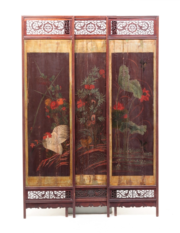 Appraisal: First half th century teak Three panels with carved dragon