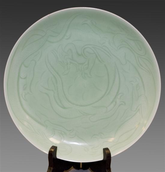 Appraisal: Chinese porcelain celadon plate th century Decorated with dragons in