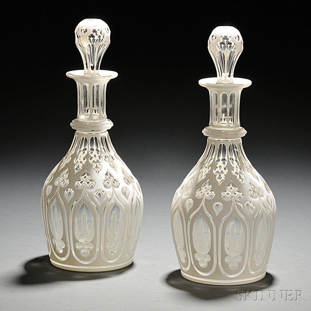 Appraisal: Pair of White-to-Clear Cut Glass Decanters late th early th