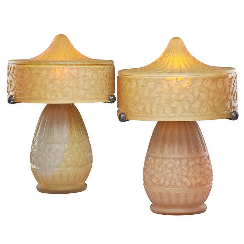 Appraisal: PAIR OF DAUM GLASS LAMPS Acid-etched with leaves and patinated