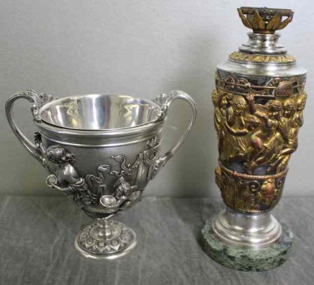 Appraisal: Silverplate Bacchanalian Cup with a Gilded Copper Silverplate Oil Lamp