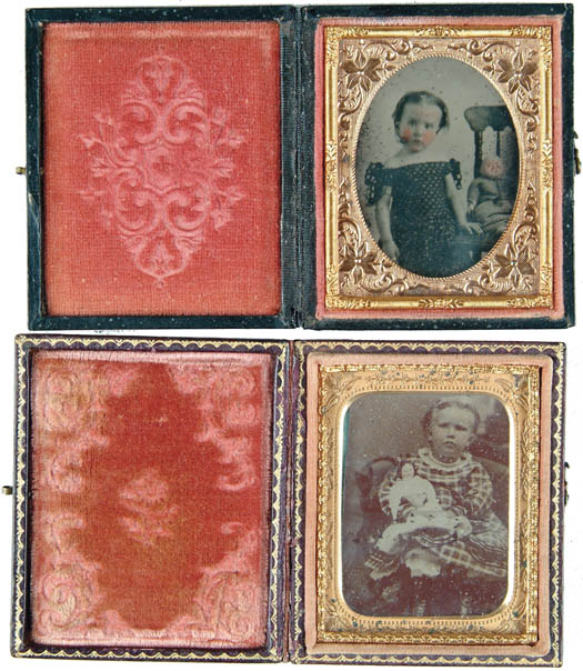 Appraisal: TWO PLATE IMAGES OF GIRLS WITH DOLLS Ambrotype of a