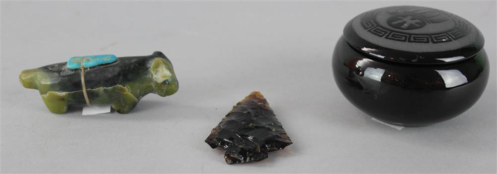 Appraisal: THREE NATIVE AMERICAN ITEMS A STONE ANIMAL LIDDED GLASS SIGNED