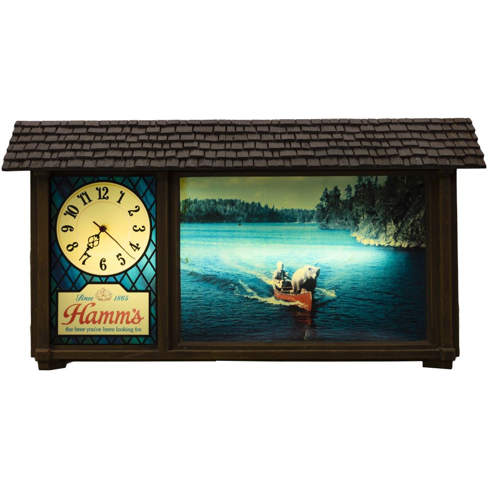 Appraisal: HAMM S SCENE-O-RAMA ADVERTISING CLOCKHaving a faux wood case topped