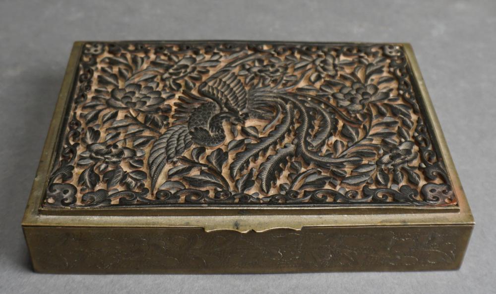 Appraisal: Chinese Ebonized Wood Phoenix Tracery Inset Engraved Brass Box L