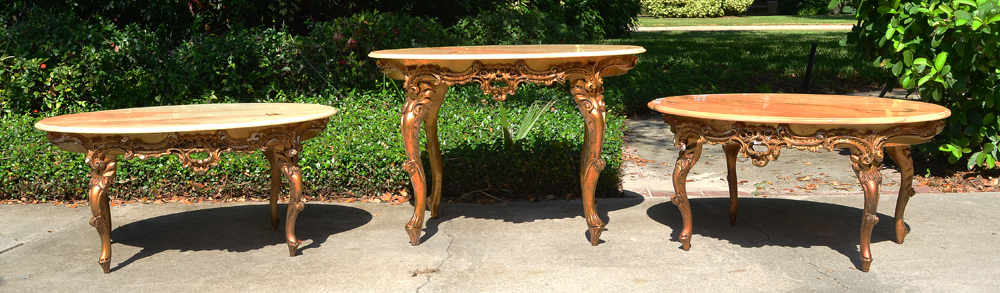 Appraisal: CARVED GILT WOOD MARBLE TOP TABLES French style tables one