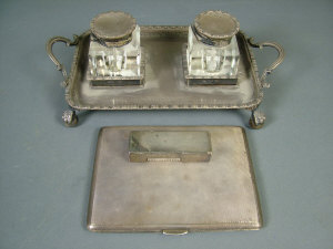 Appraisal: An Edwardian silver inkstand London the rectangular tray with scroll