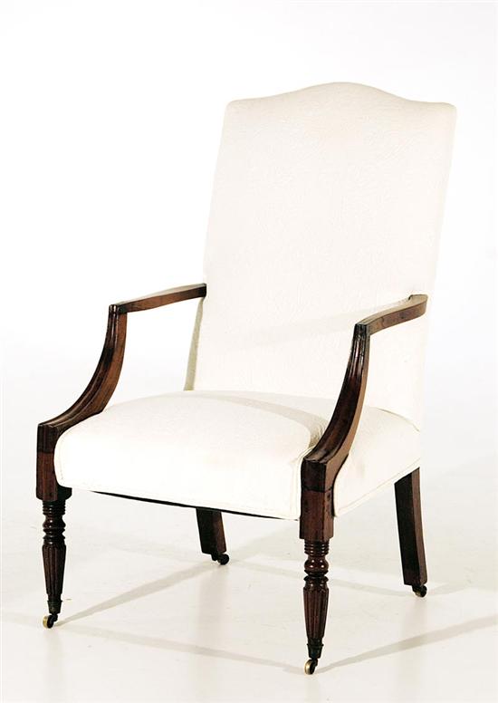 Appraisal: Federal mahogany and crewel-upholstered lolling chair possibly Baltimore th century