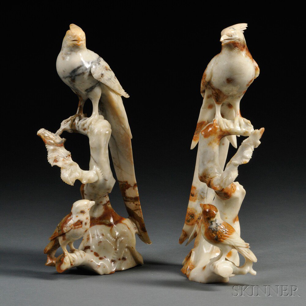 Appraisal: Pair of Hardstone Carvings China each depicting a pheasant perched