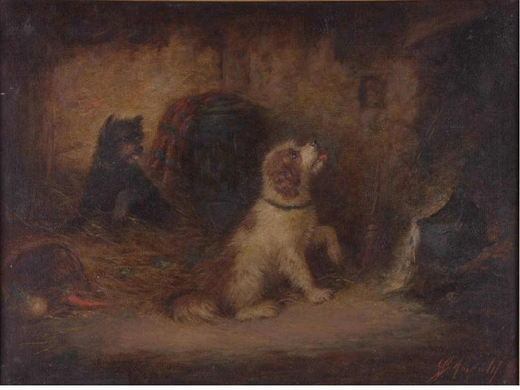 Appraisal: George Armfield Br - Terrier Treats oil on canvas signed