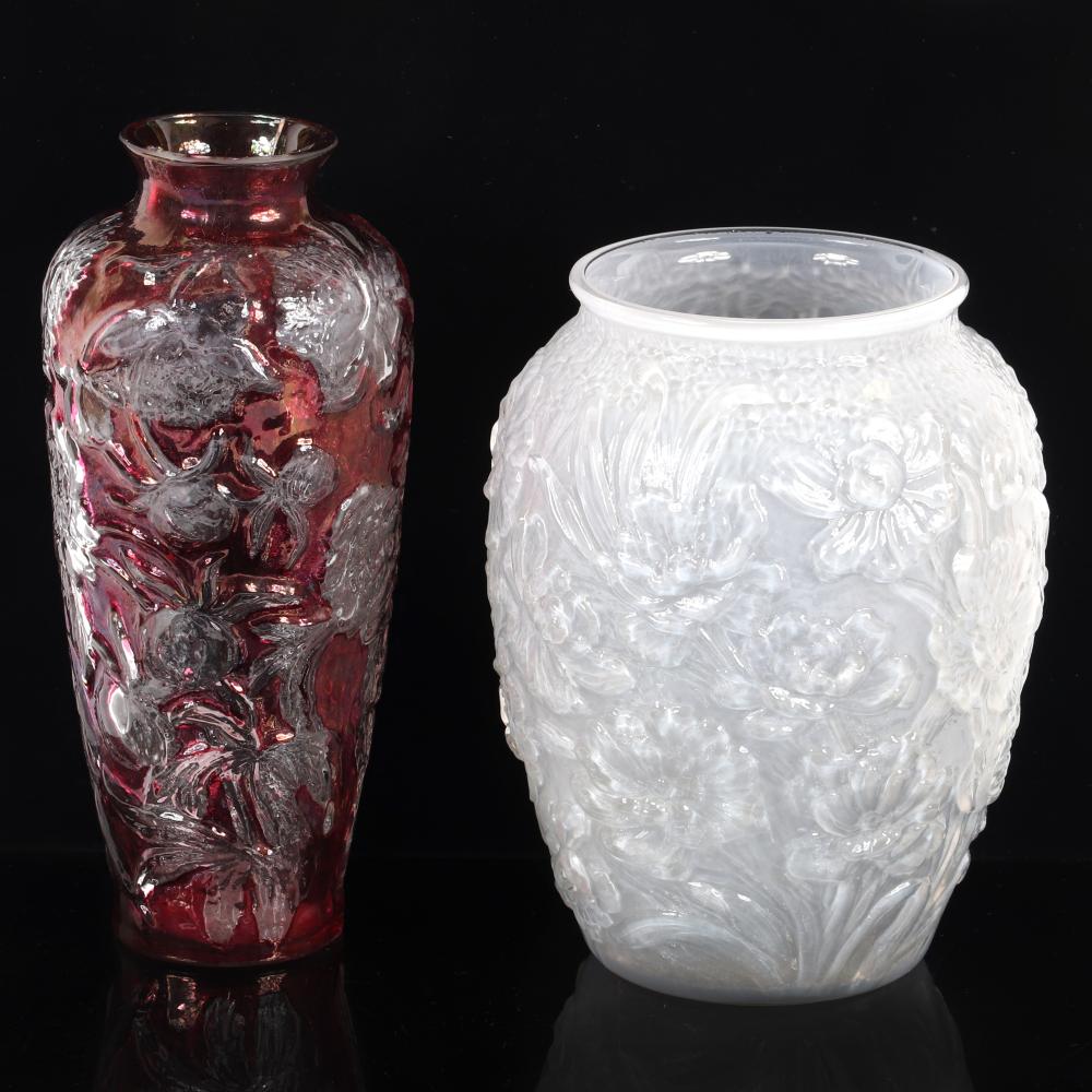 Appraisal: TWO CONSOLIDATED FLORAL MOTIF VASES TALL RUBY FLASH VASE WITH