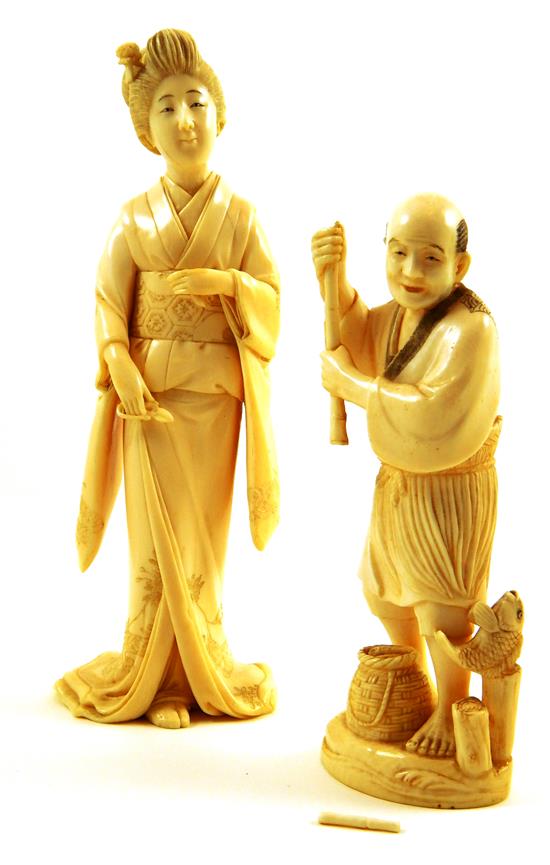 Appraisal: ASIAN Two Japanese ivory carvings one of a fisherman holding