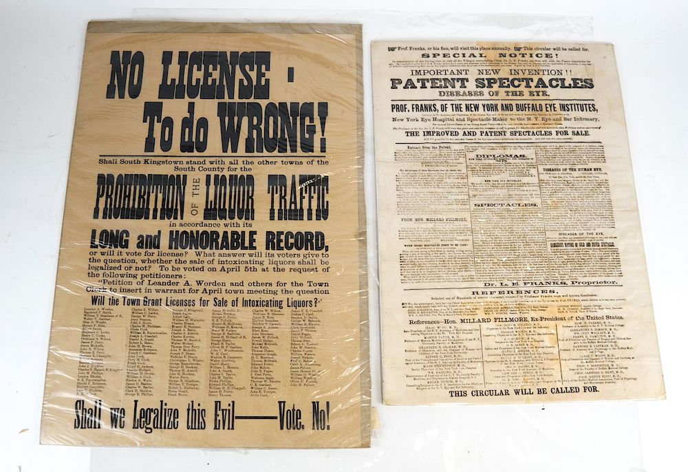 Appraisal: Two Broadsides Spectacles and Prohibition A New Invention patent spectacles