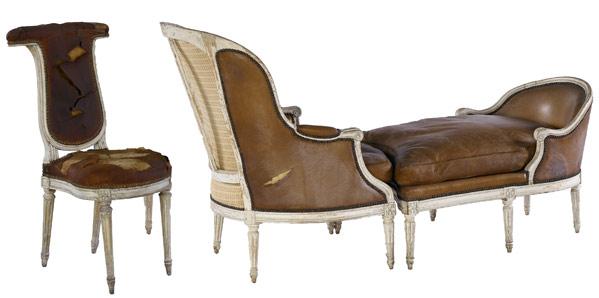 Appraisal: LOUIS XVI CHAISE In two sections with leather upholstery and