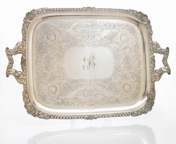 Appraisal: A late Victorian silver tea tray in the Regency tasteGibson