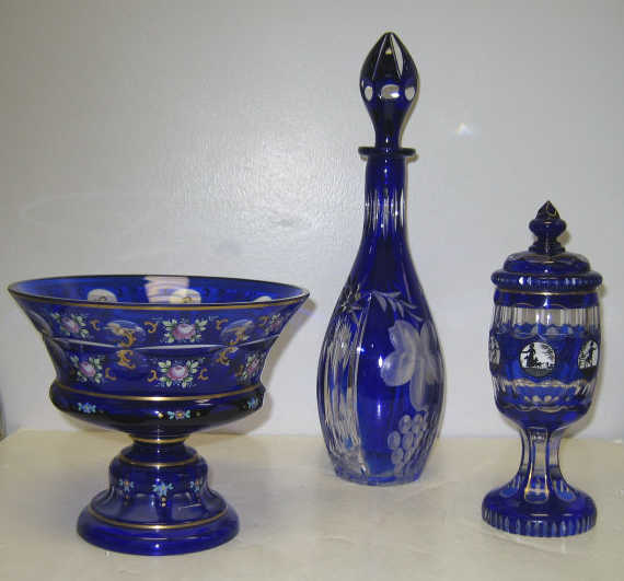 Appraisal: THREE PIECES OVERLAY COBALT BLUE GLASS Each cut to clear