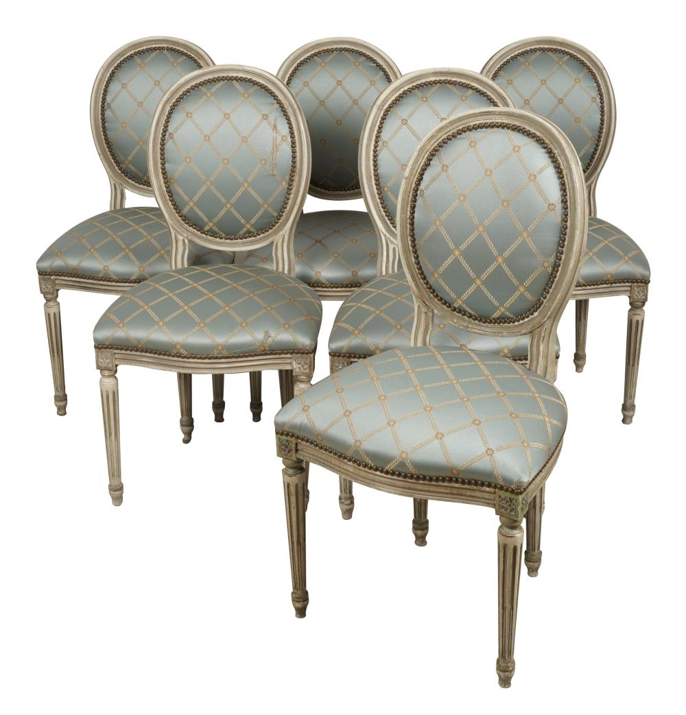 Appraisal: SET OF SIX LOUIS XVI-STYLE GREY-PAINTED CHAIRSunsigned contemporary covered with