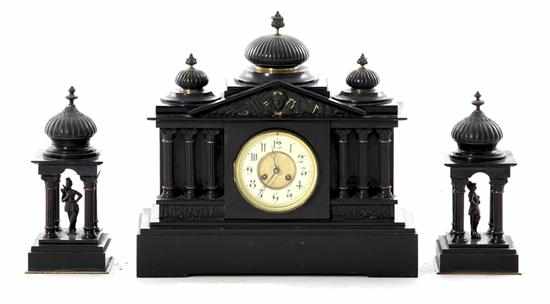 Appraisal: French slate clock garniture late th century arch-top case with