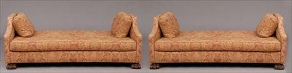 Appraisal: PAIR OF RENAISSANCE-STYLE UPHOLSTERED SOFAS Each open back and with