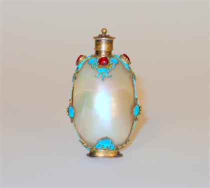 Appraisal: Unusual Chinese shell gilt-silver jeweled and kingfisher feather snuff bottle