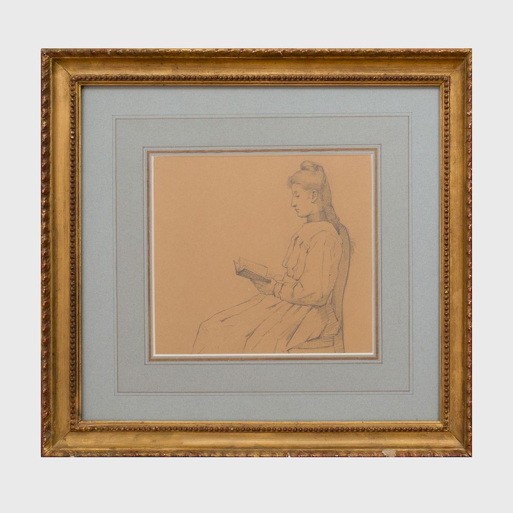 Appraisal: French School Girl Reading Pencil on paper unsigned x in