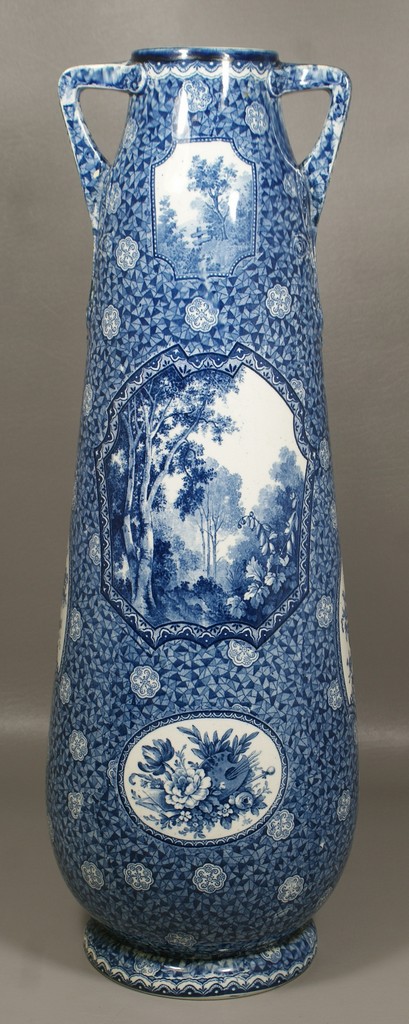 Appraisal: English blue transfer vase landscape and floral designs large shallow