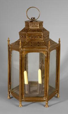 Appraisal: Pierced brass lantern hexagonal with brass frame and feet three-tiered