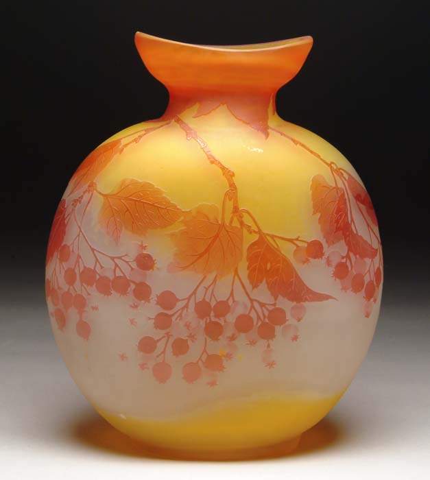 Appraisal: GALLE VASE Pink to apricot polished berries and leaves on