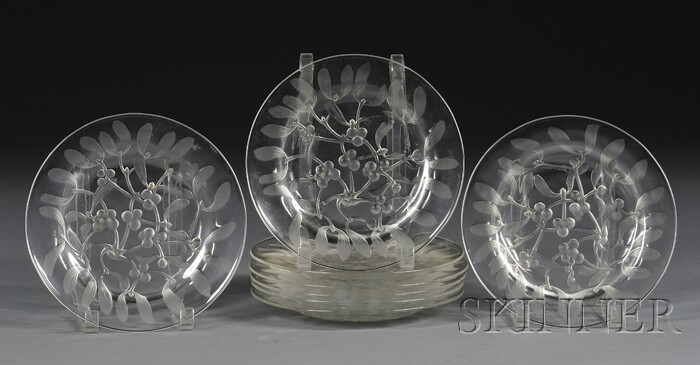 Appraisal: Eight Lalique Mistletoe Decorated Luncheon Salad Plates Molded etched colorless